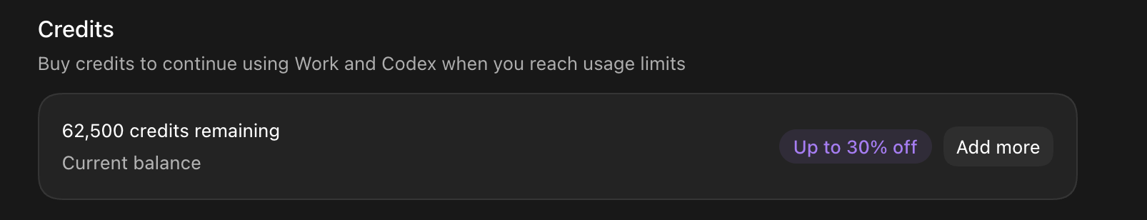 ChatGPT Credits screen showing 62,500 credits remaining and an Add more button