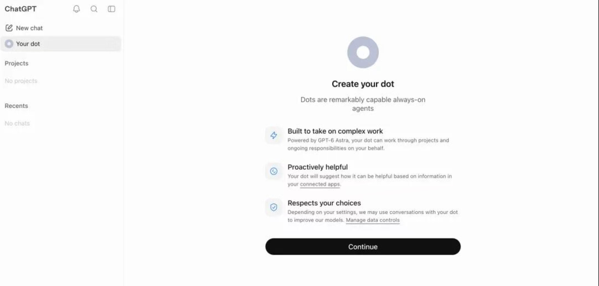The Create your dot screen in ChatGPT