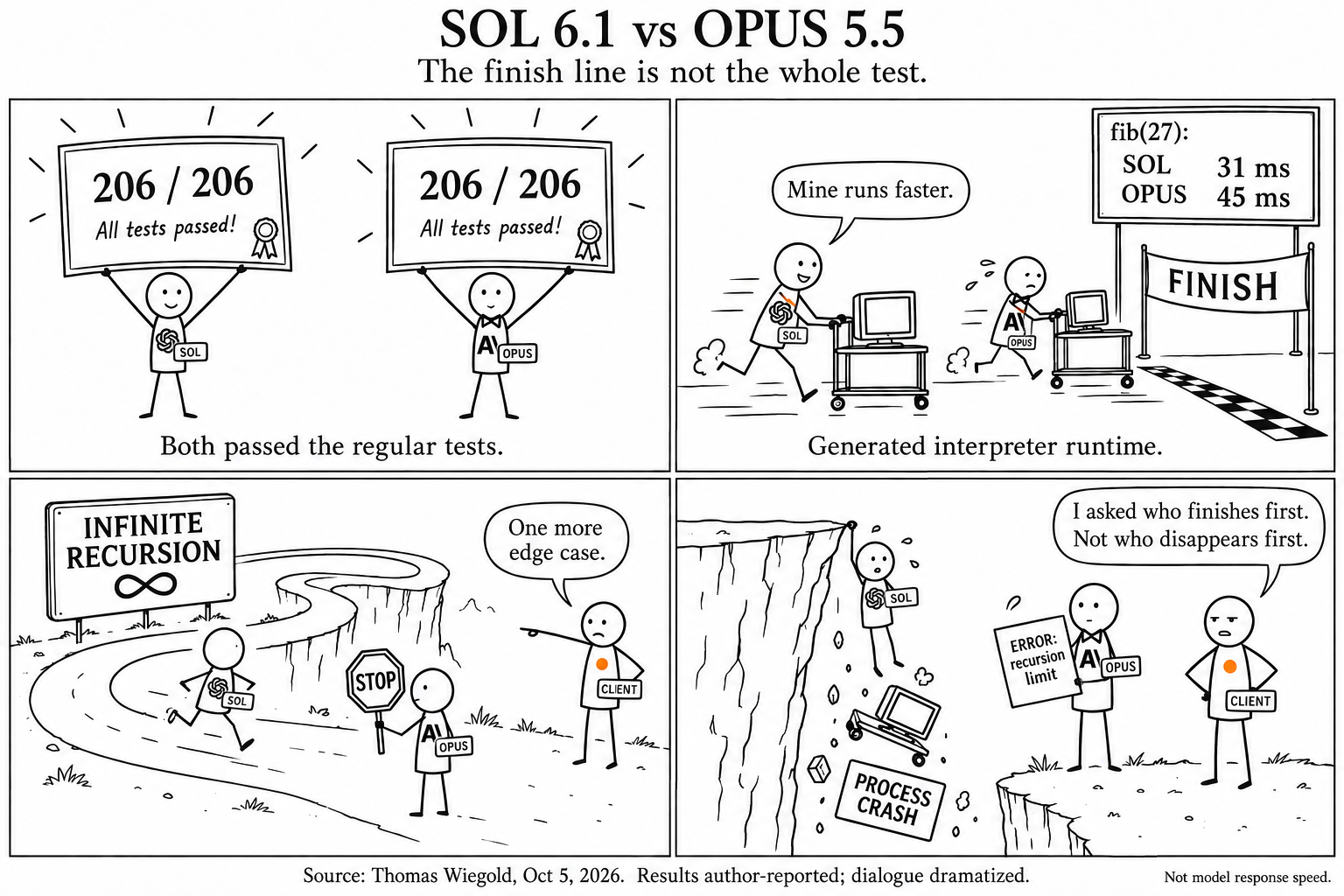 Four-panel comic: both implementations pass 206 cases; Sol runs fib(27) faster; infinite recursion crashes Sol’s process while Opus returns an error.